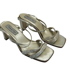 Touch Ups Ivory Satin Beaded Sequin Block Heel Square Toe Slingback Sandals 7.5W